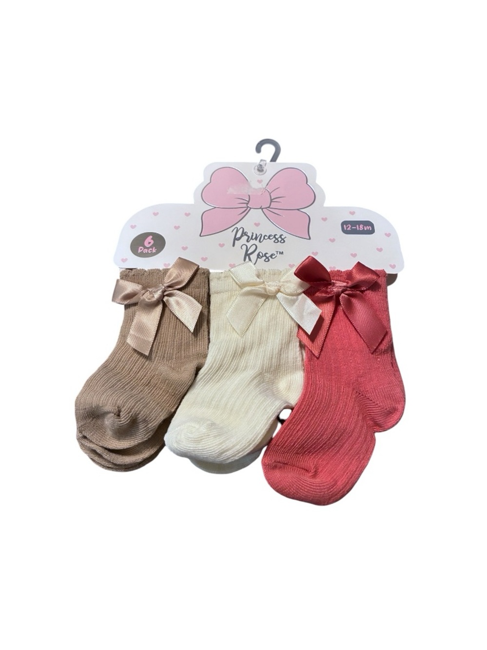 Princess Rose 3-Pack Girls Bow Trim Socks — Coral, Cream & Tan